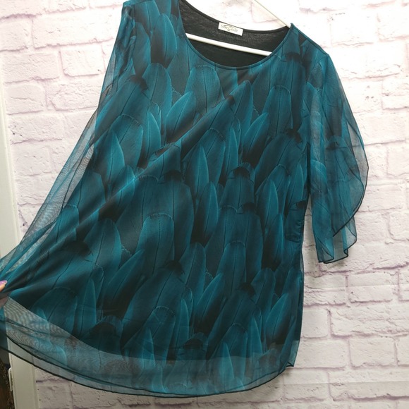 Sese Code Teal Feather Sheer Mesh Tunic Blouse Sz XL Flowy Flutter Boho Mature - Picture 5 of 8